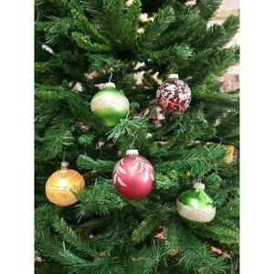 5 Vtg Hand Painted Glass Balls Christmas Ornament Glitter Large Gold Green Red